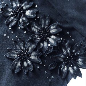 CML Collection Sequins Beaded Mesh Flowers Adorned Black Long Sleeve Top Size M